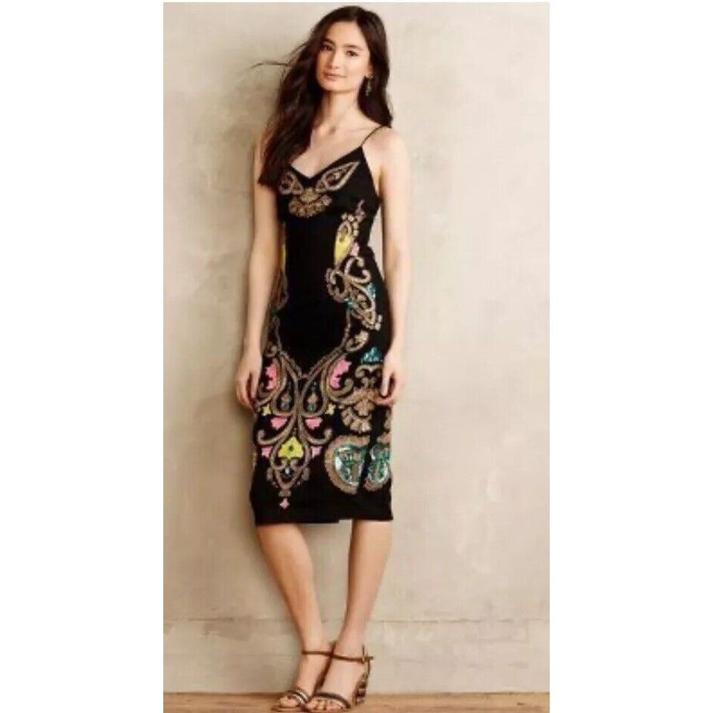 Tracy Reese Anthropologie Embroidered Emele Dress Sz 6‎ Sequin Black  Colorful